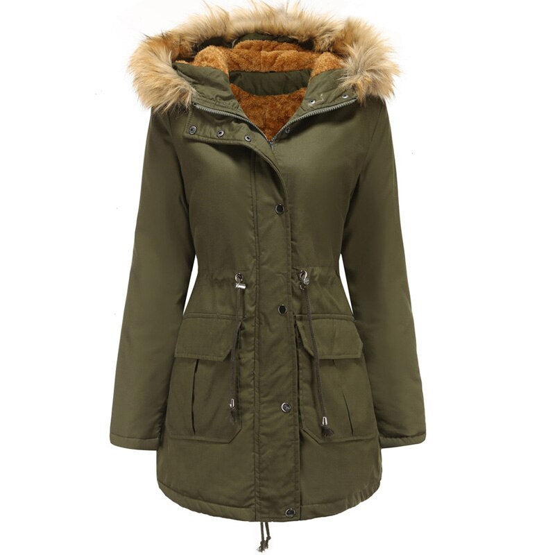 Womens Hooded Fur collar winter warm jacket | Medium Length With Velvet