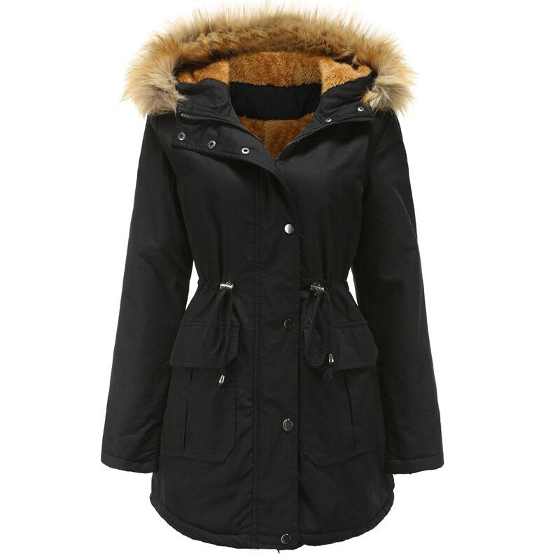 Womens Hooded Fur collar winter warm jacket | Medium Length With Velvet