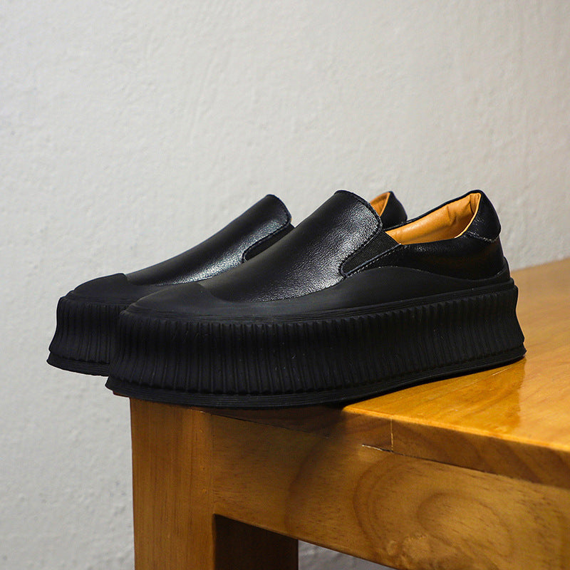 Women's Platform Leather White Shoes - Thick Heel