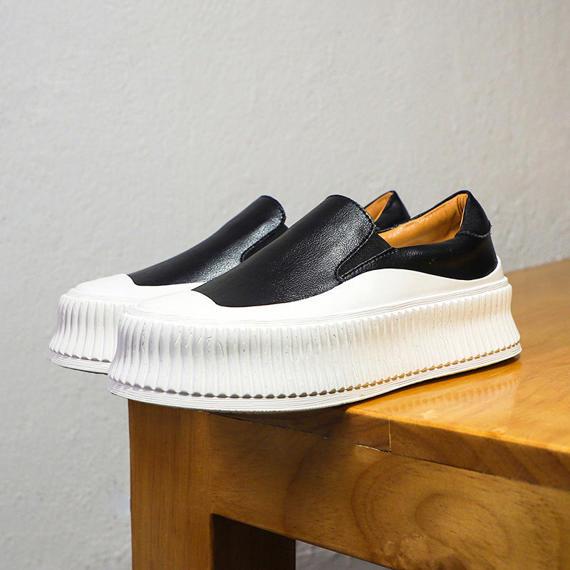 Women's Platform Leather White Shoes - Thick Heel