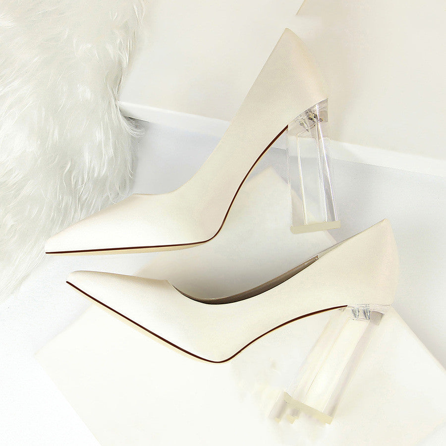 Women's Satin Stiletto Pumps with Transparent Block High Heels