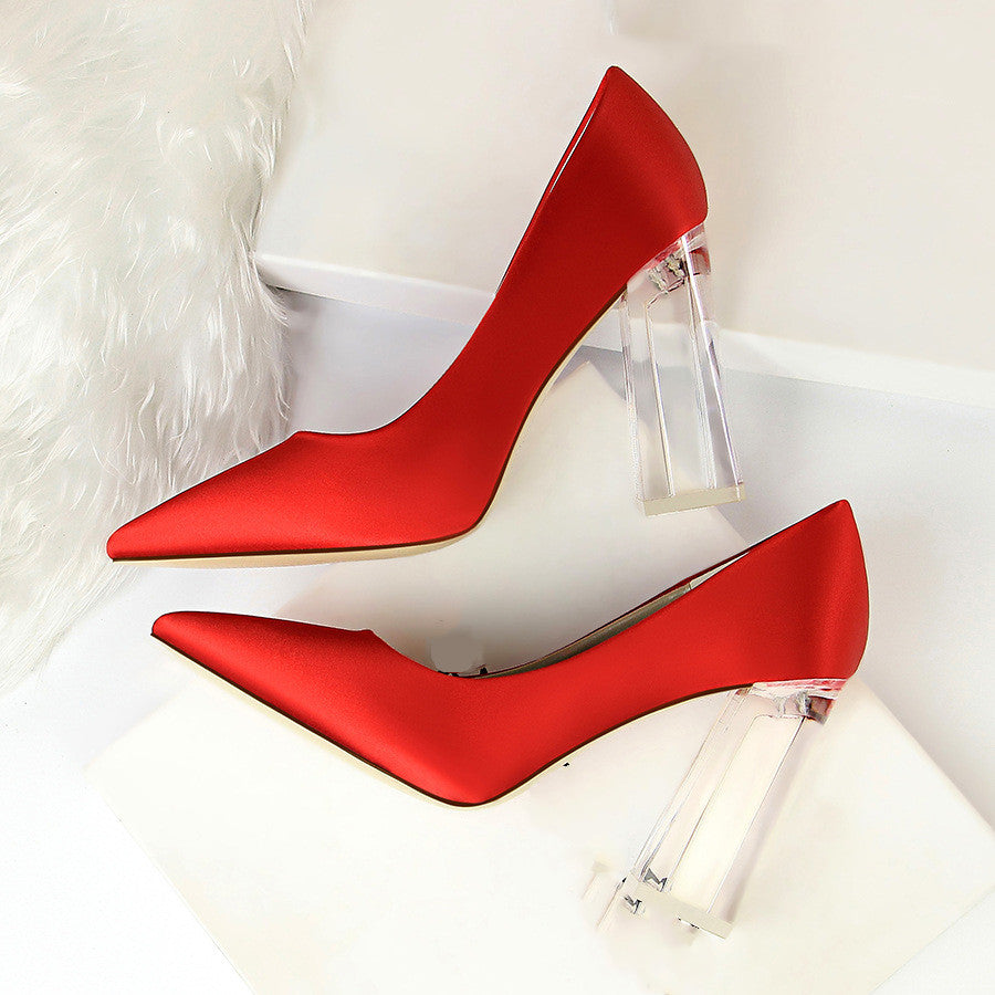 Women's Satin Stiletto Pumps with Transparent Block High Heels