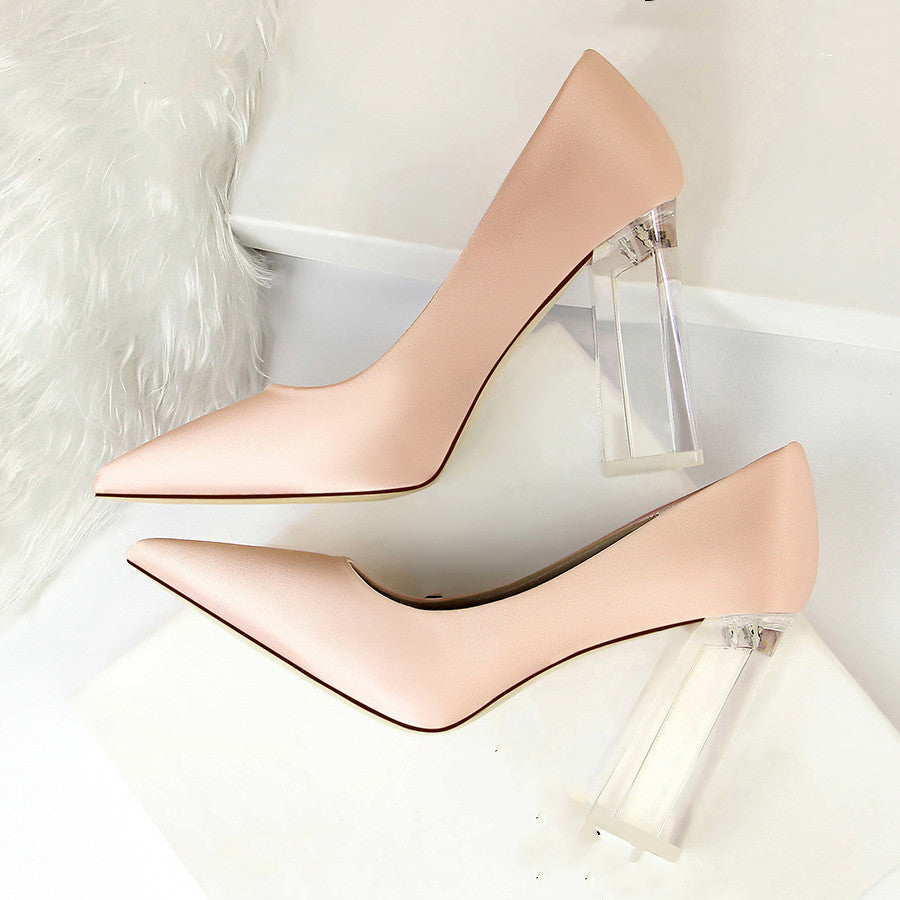 Women's Satin Stiletto Pumps with Transparent Block High Heels
