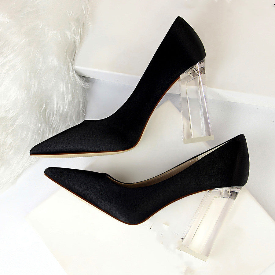 Women's Satin Stiletto Pumps with Transparent Block High Heels