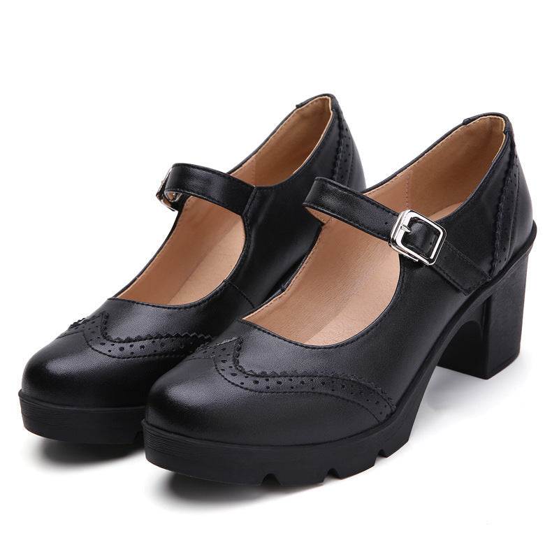 Women's Genuine Leather Mary Jane Pumps with Retro Square Design