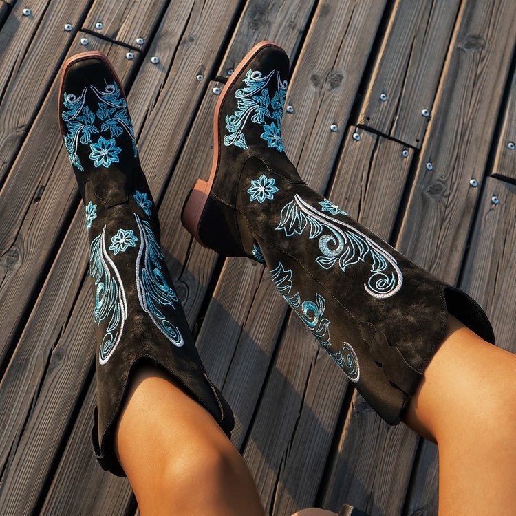 Womens Plus Size High Cylinder Below The Knee Embroidered Cowboy Boots