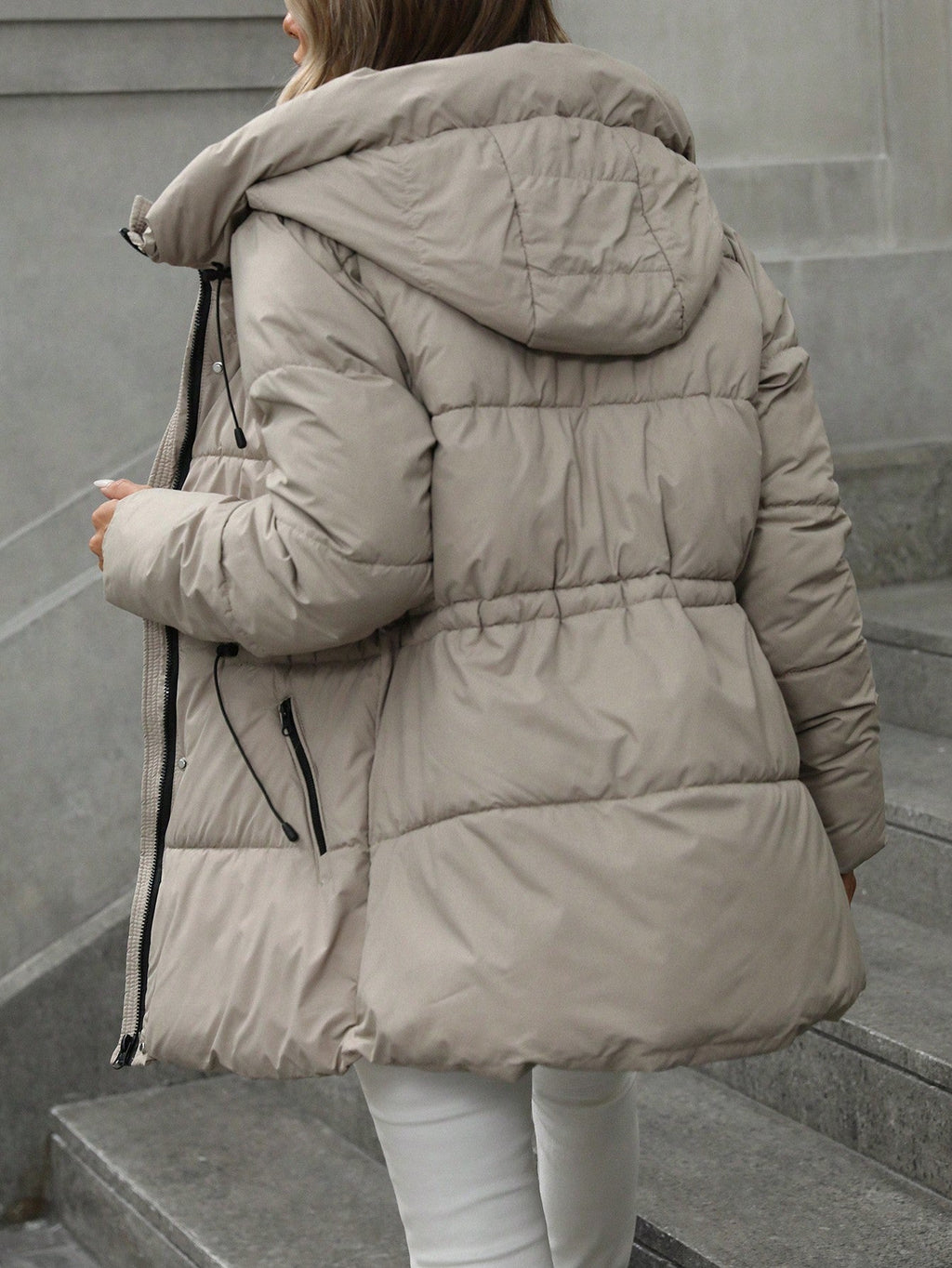 Womens Adjustable Waist Quilted Mid-Length Hooded Padded Winter Coat