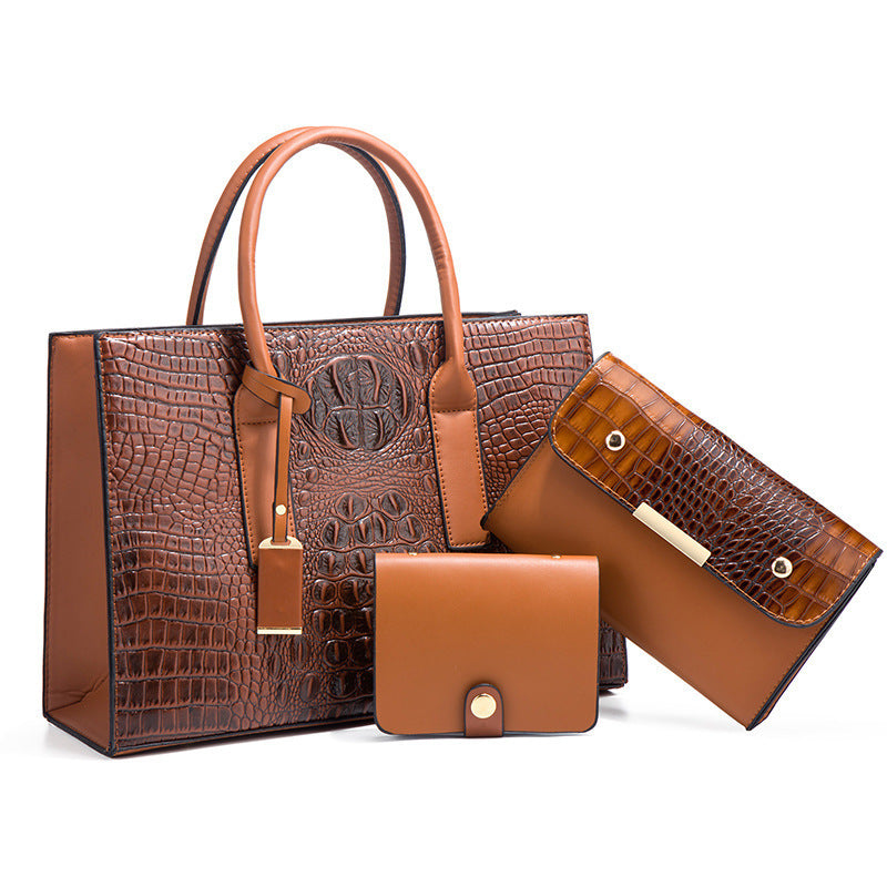 Women's Three-piece Bag Set - Crocodile Leather Handbag