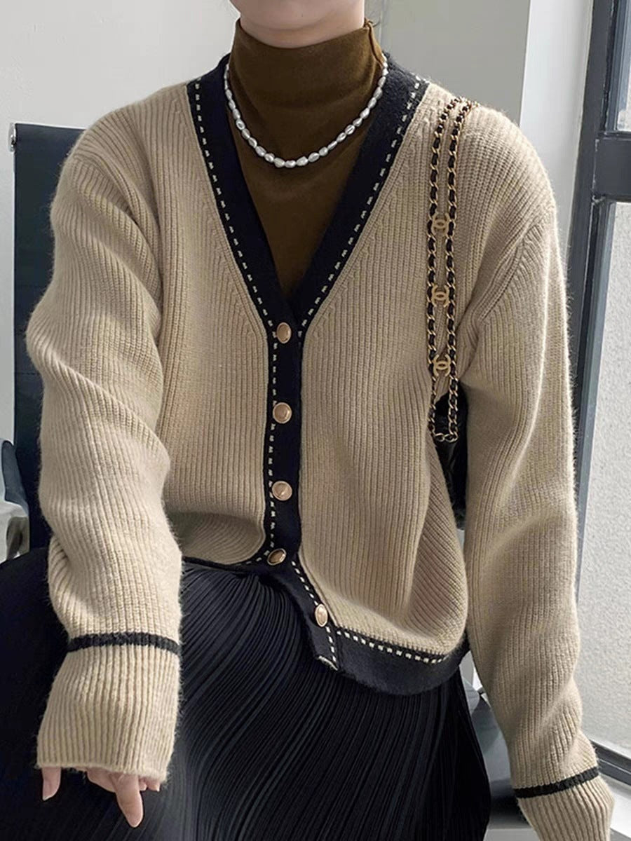 Womens Loose Large V-neck Slimming Bedford Cord Sweater