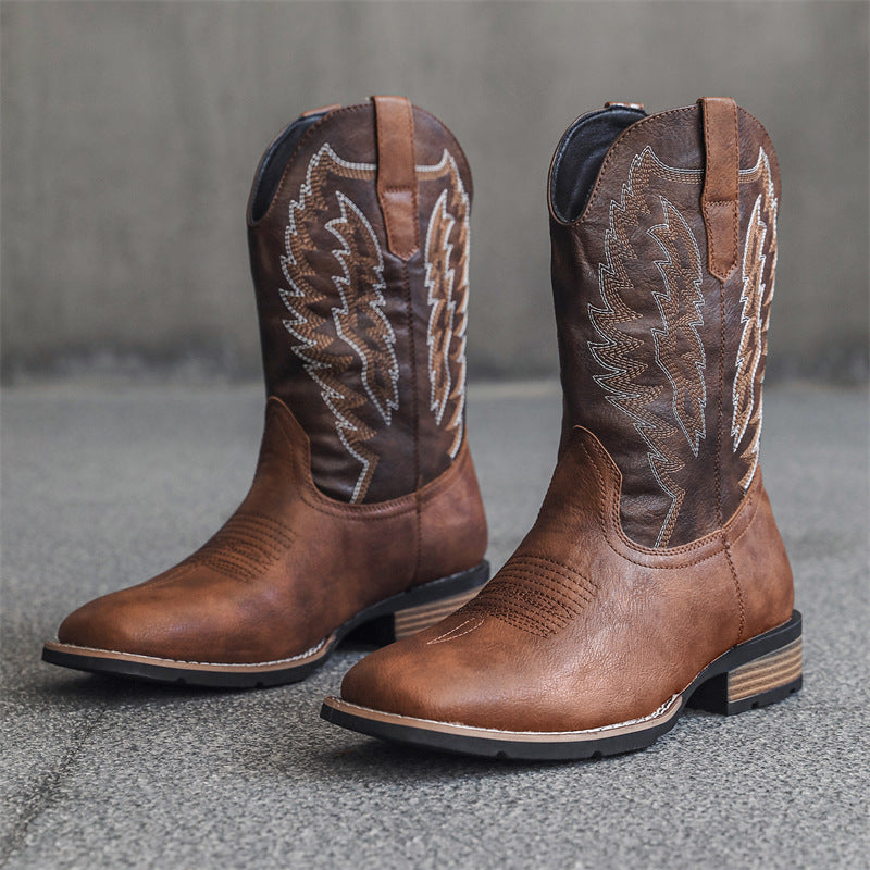 Western Leather Embroidered Denim Boots - Comfortable & Trendy