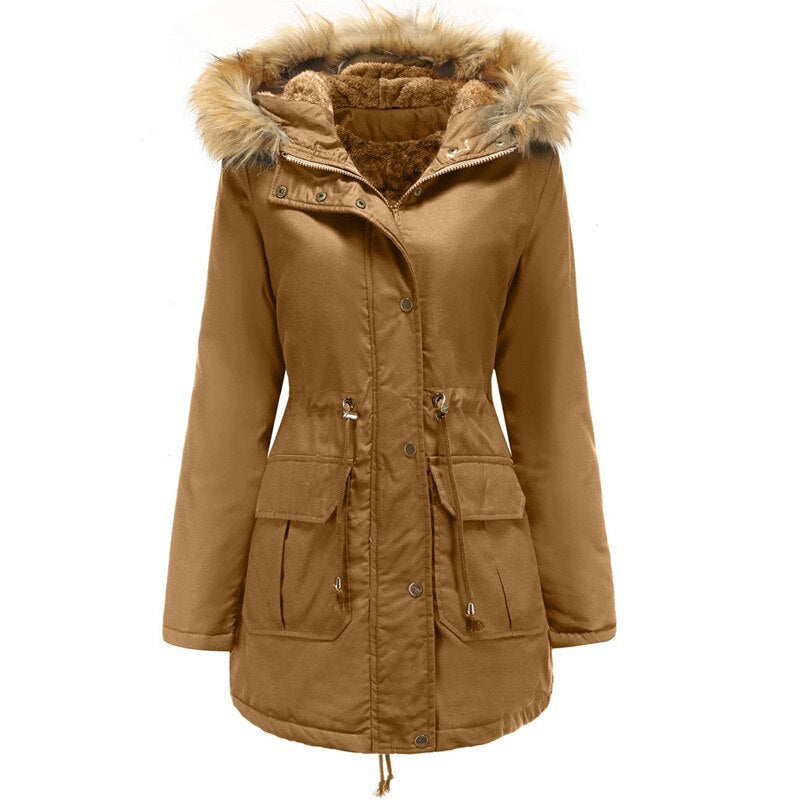 Womens Hooded Fur collar winter warm jacket | Medium Length With Velvet