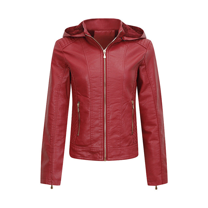 Womens Plush Thickened Hooded Slim Zipper Leather Jacket With Pockets | Long Sleeve Outwear Winter Coat