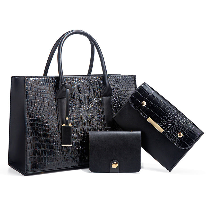 Women's Three-piece Bag Set - Crocodile Leather Handbag