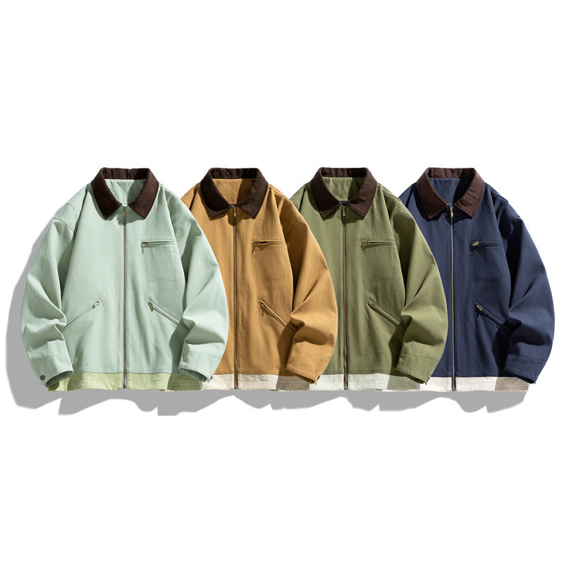 Men's Washed Polo Collar Jacket with Contrast Color British Style