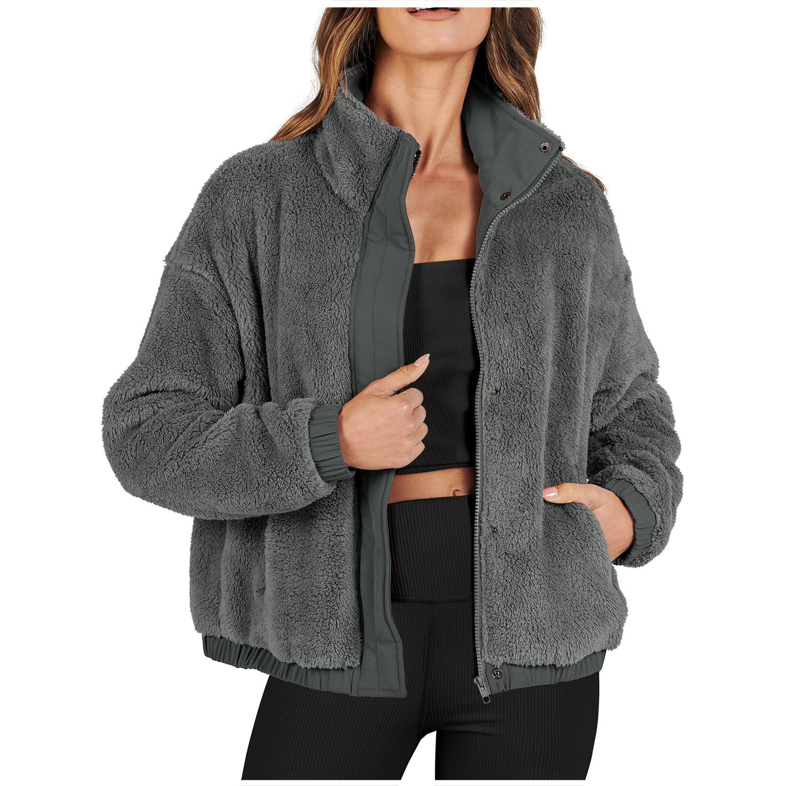 Womens Loose Soft Plush Warm Casual Jacket