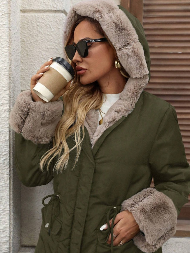 Women's Parka Fur Padded Jacket With Soft Thermal Lined And Pockets