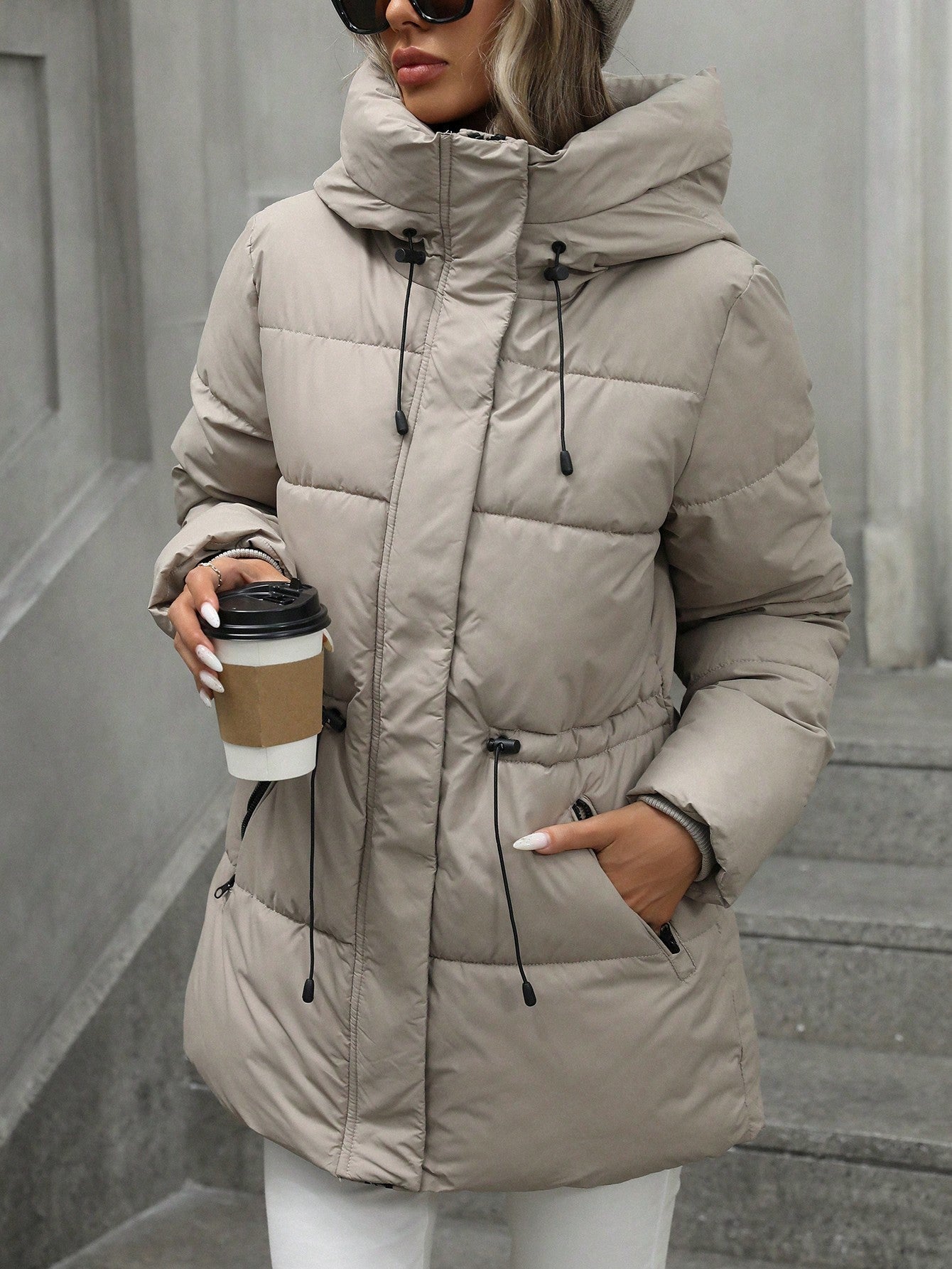 Womens Adjustable Waist Quilted Mid-Length Hooded Padded Winter Coat