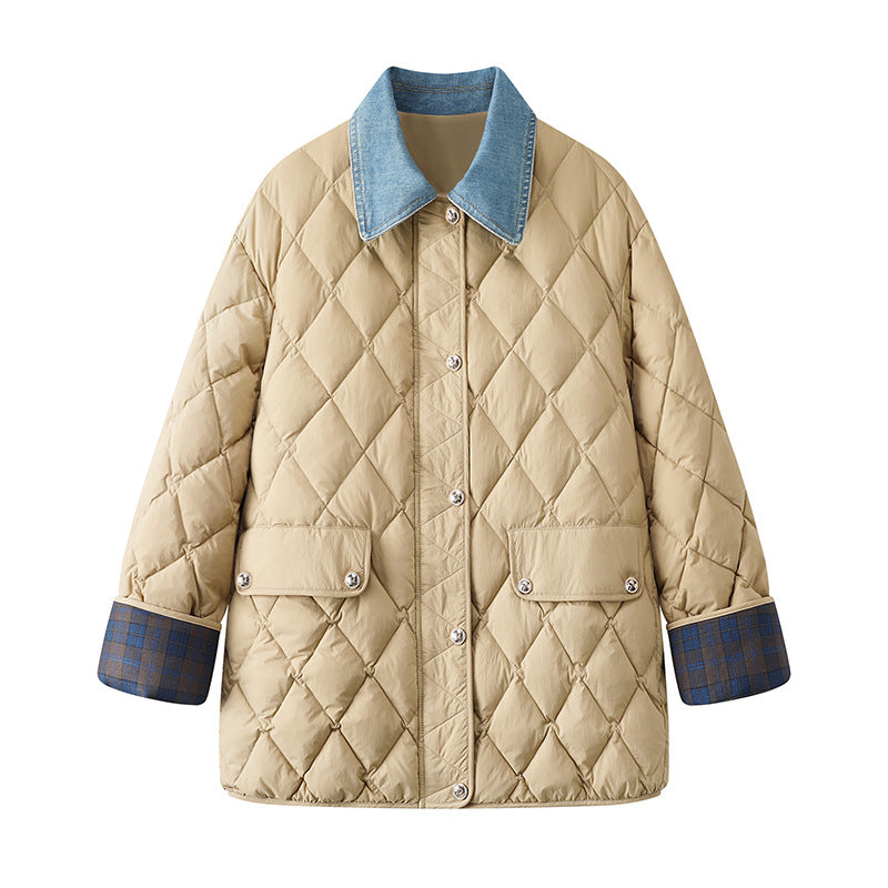 Womens Denim Stitching Diamond Plaid Cotton Coat Winter Jacket