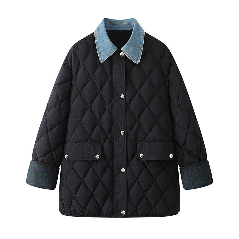 Womens Denim Stitching Diamond Plaid Cotton Coat Winter Jacket