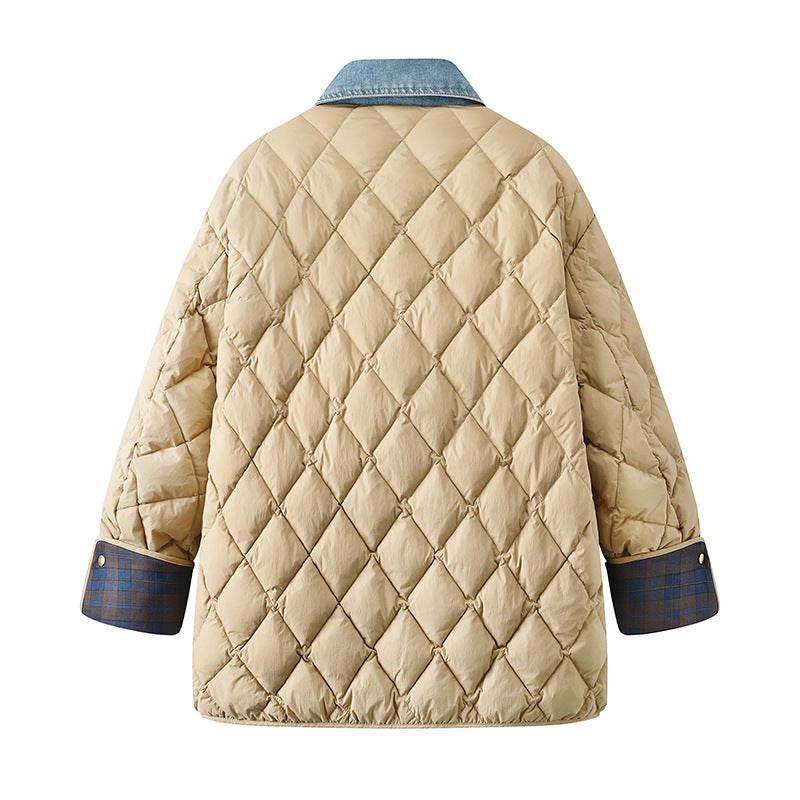 Womens Denim Stitching Diamond Plaid Cotton Coat Winter Jacket