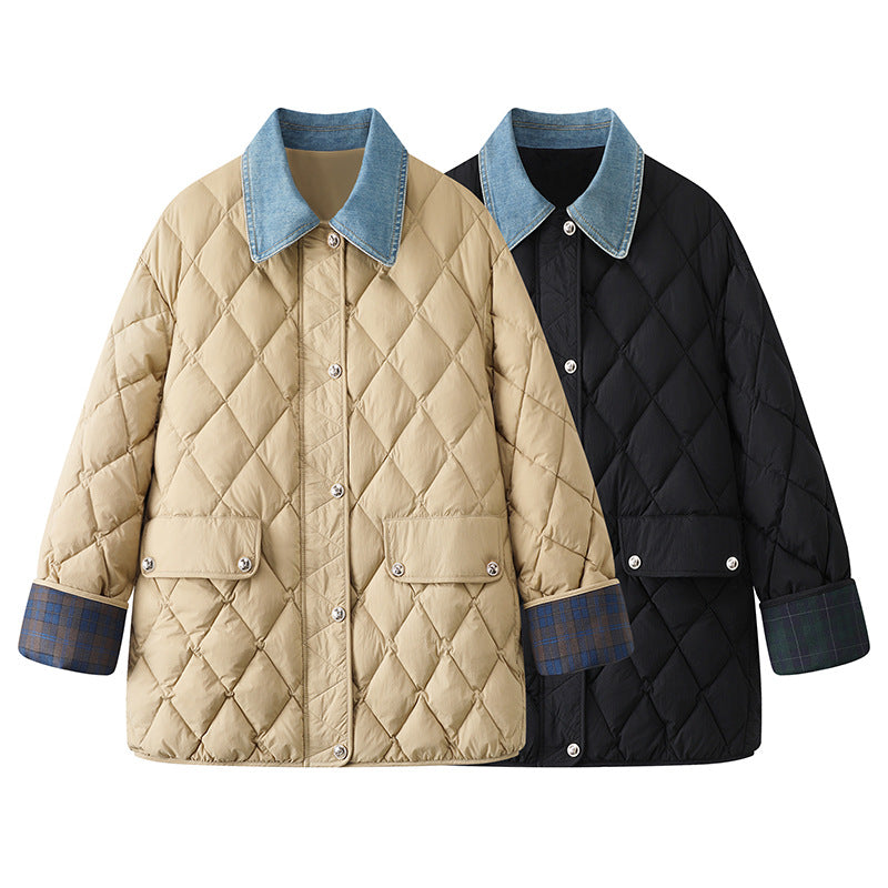 Womens Denim Stitching Diamond Plaid Cotton Coat Winter Jacket