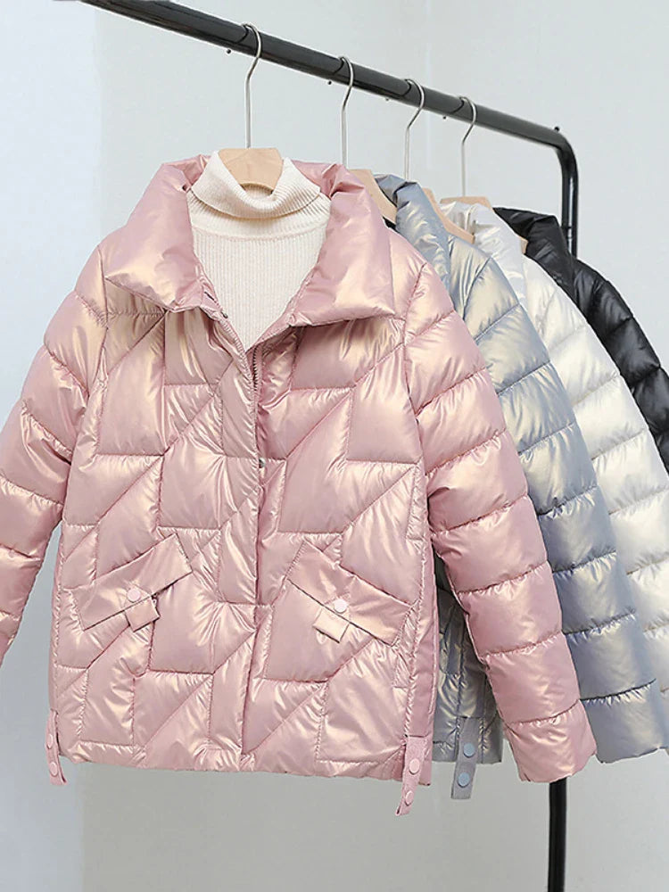 Womens Glossy Padded Down Cotton Jacket | Stand Collar Casual Warm Parka