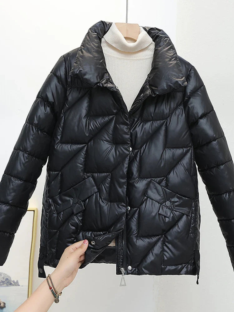 Womens Glossy Padded Down Cotton Jacket | Stand Collar Casual Warm Parka