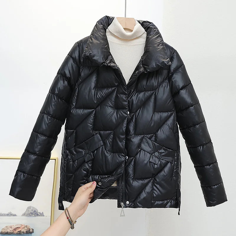 Womens Glossy Padded Down Cotton Jacket | Stand Collar Casual Warm Parka