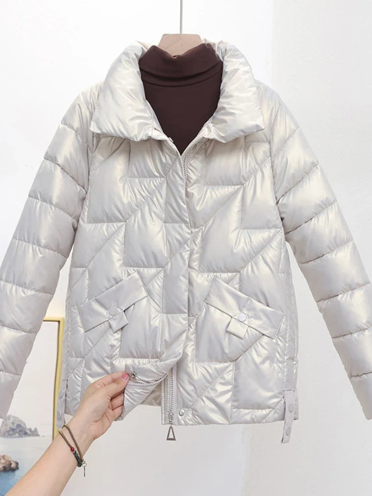 Womens Glossy Padded Down Cotton Jacket | Stand Collar Casual Warm Parka