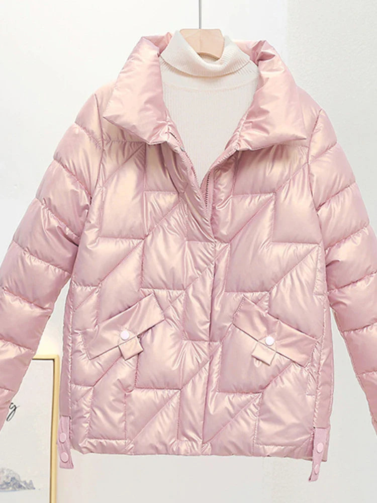 Womens Glossy Padded Down Cotton Jacket | Stand Collar Casual Warm Parka