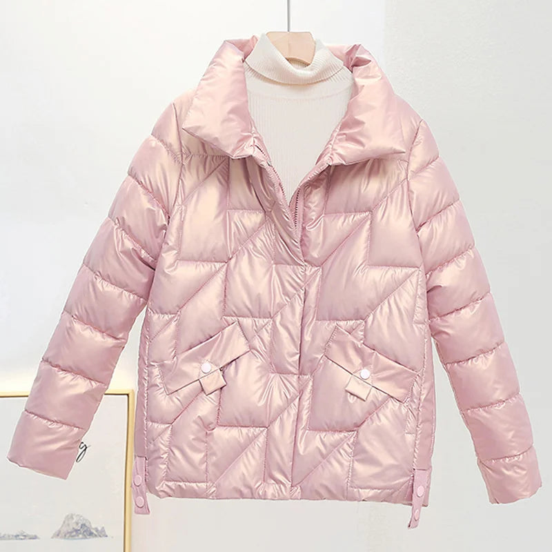 Womens Glossy Padded Down Cotton Jacket | Stand Collar Casual Warm Parka