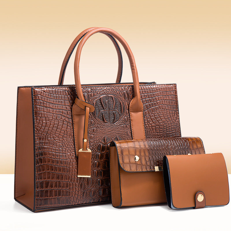 Women's Three-piece Bag Set - Crocodile Leather Handbag