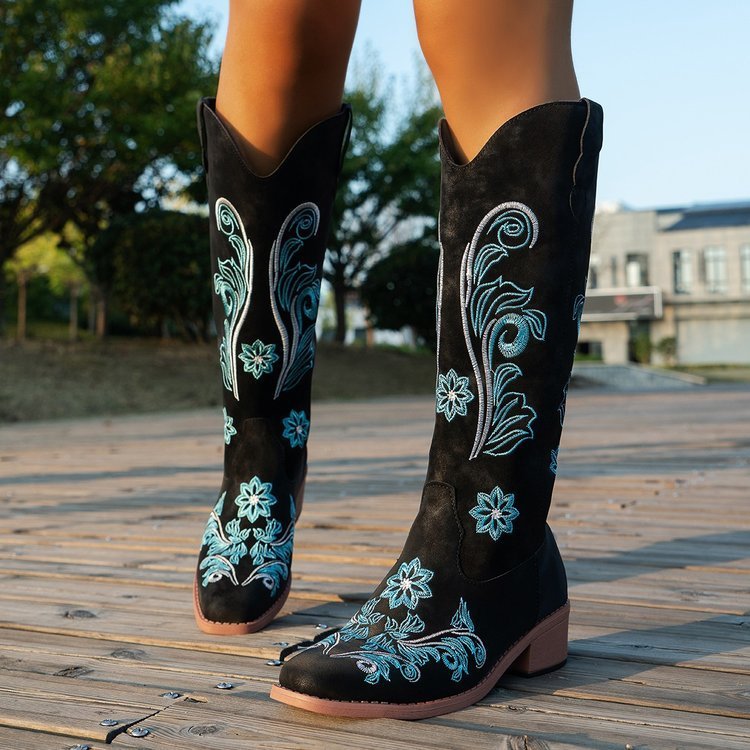 Womens Plus Size High Cylinder Below The Knee Embroidered Cowboy Boots