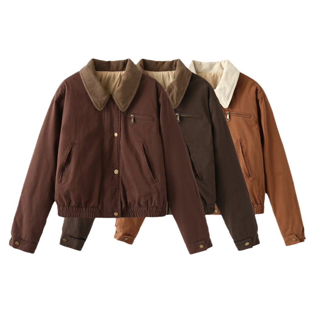 Women's Casual Contrast Color Neckline Bomber Puffer Jacket