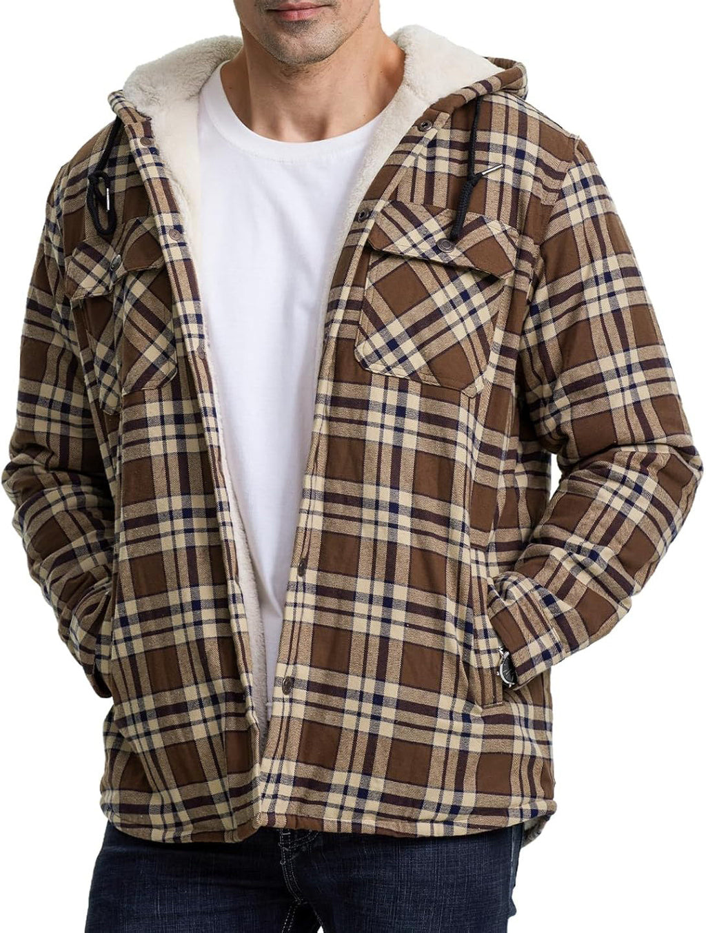 Men's Hooded Fleece Lined Plaid Coat for Warm Winter Wear