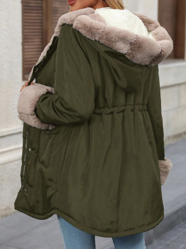 Women's Parka Fur Padded Jacket With Soft Thermal Lined And Pockets