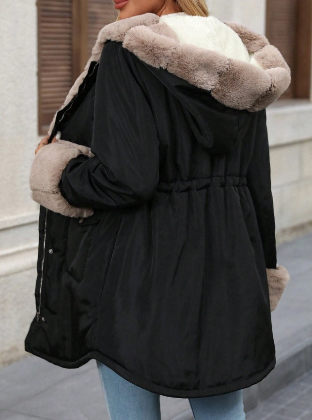 Women's Parka Fur Padded Jacket With Soft Thermal Lined And Pockets